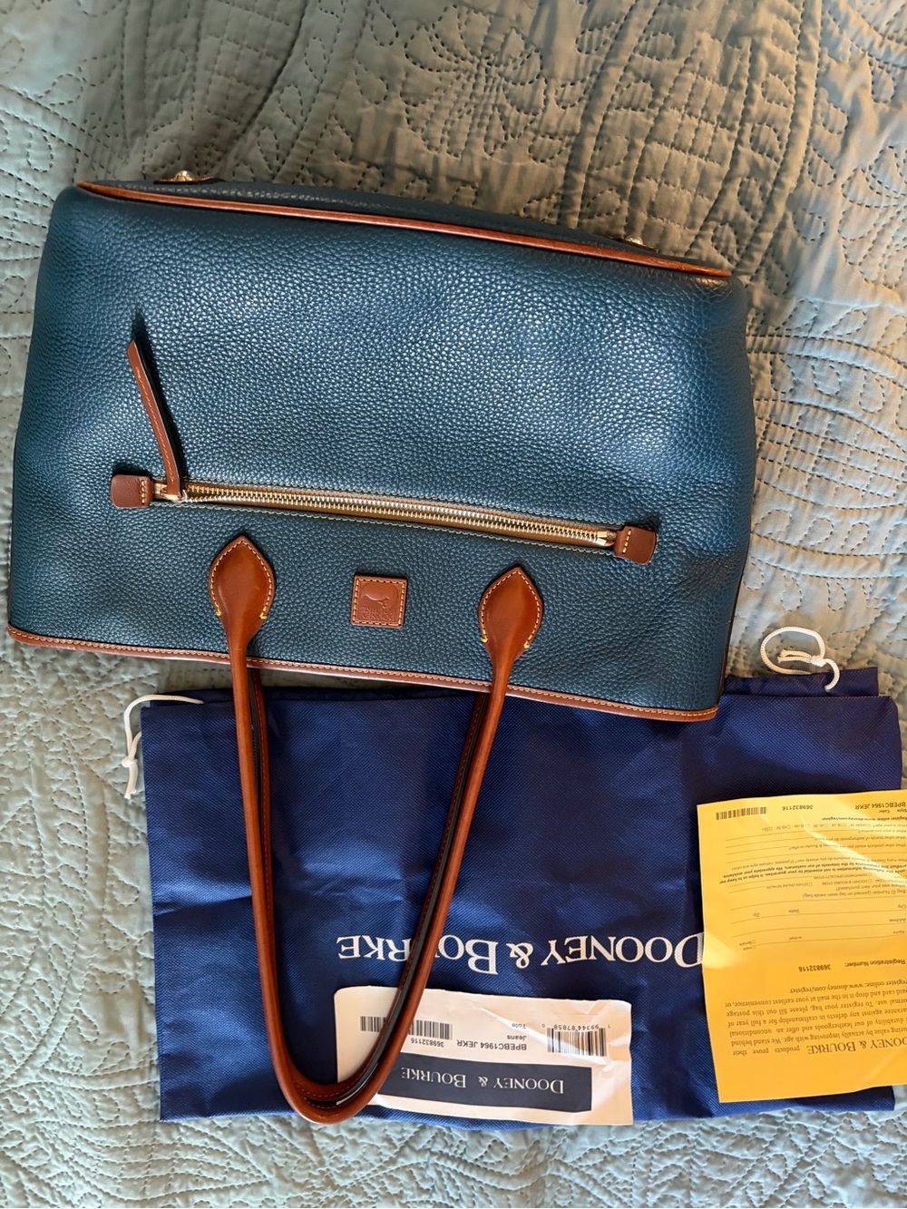 Dooney & Bourke denim blu Pebbled Leather Tote with Brown Trim and Gold Hardware - Picture 3 of 11